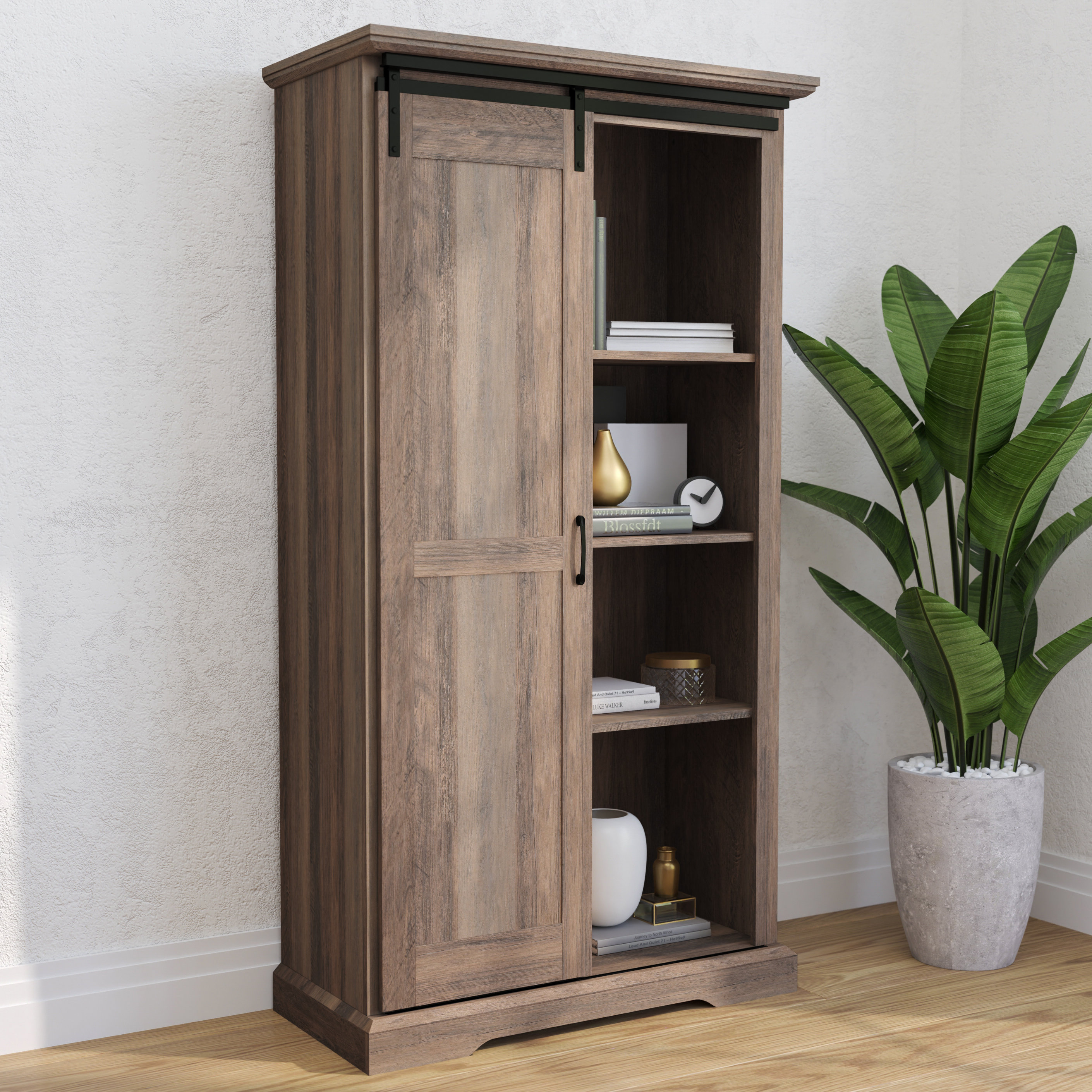 Gracie Oaks Rustic Farmhouse Storage Cabinet Bookcase with Sliding Barn ...