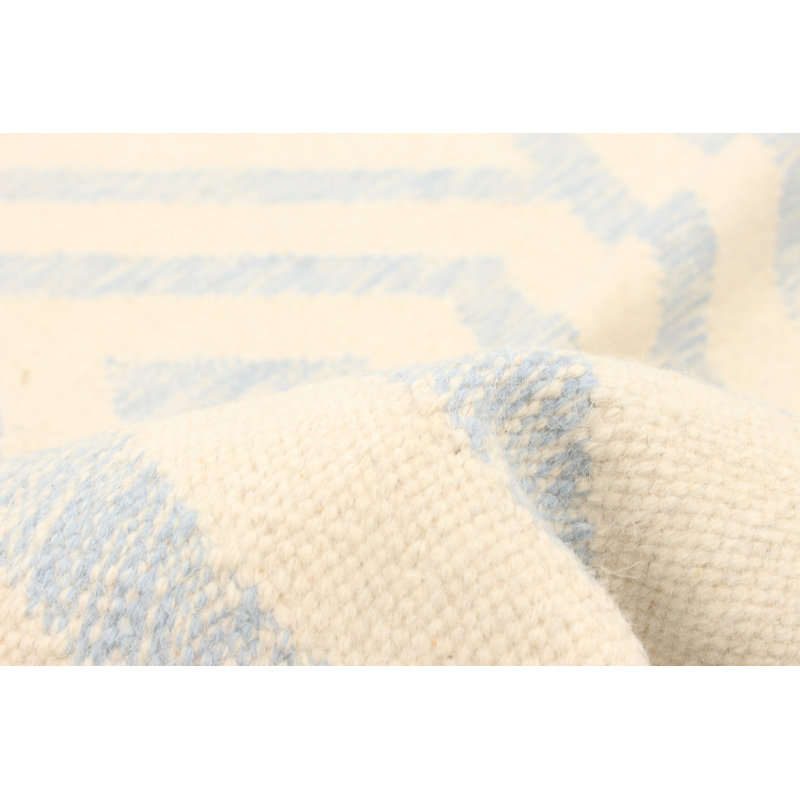 Tapis oriental crème et bleu en laine tissé à plat à la main 13 pi x 16 pi Anedra