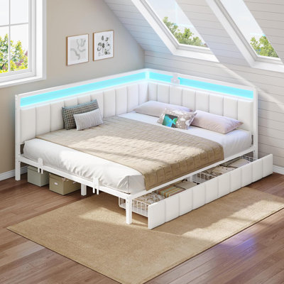 Queen-size Corner Bed With Storage Drawers, Queen-size Sofa Bed With Upholstered Railings, Bed Unit With Led Lights And Charging Station, Modern Queen-size Bed Frame, Beige