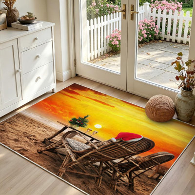 Tapis d'intérieur bleu lavable à la machine, motif sapin de Noël et deux coupes de champagne