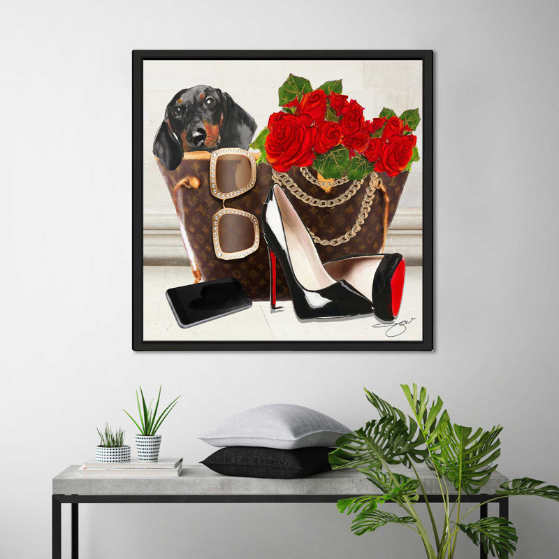Daschund Louboutins (Square) par By Jodi - impression, Cadre flottant noir, H 31,5 po x l 31,5 po x P 2 po