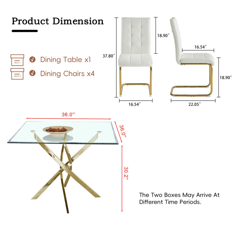 Square Pedestal Dining Set With 4 Luxury Faux Leather Dining Chairs, Gold, White/Gold