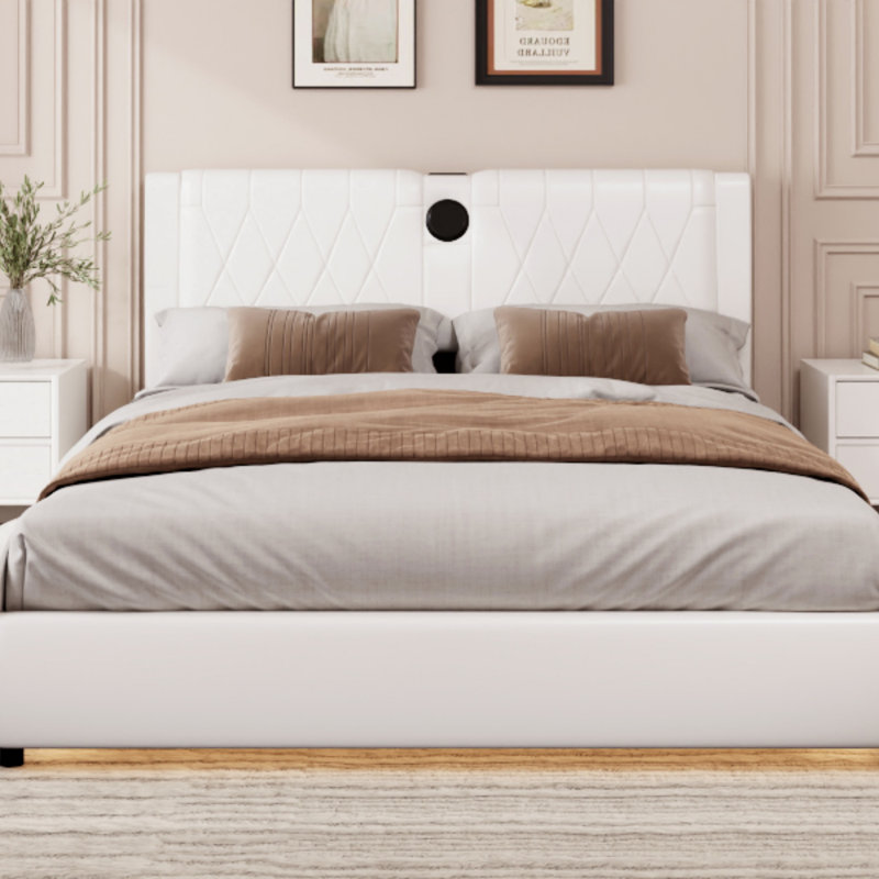 Faux Leather Upholstered Platform Bed with Thickened Headboard, Bluetooth Speakers and RGB LED Light, Full, White
