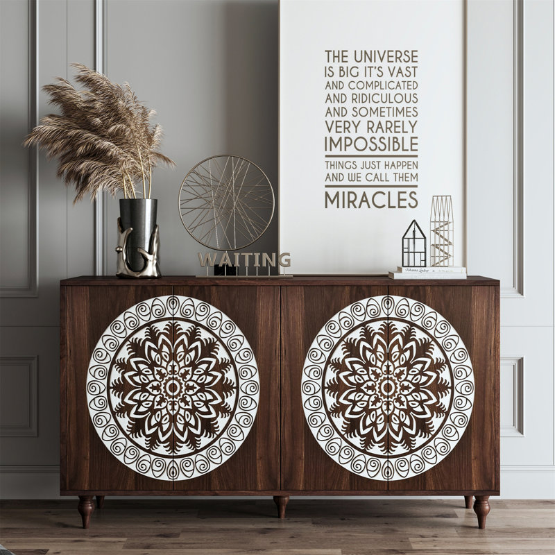 Buffet 60 po grain de noyer sculpté rétro Mandala, Noyer foncé