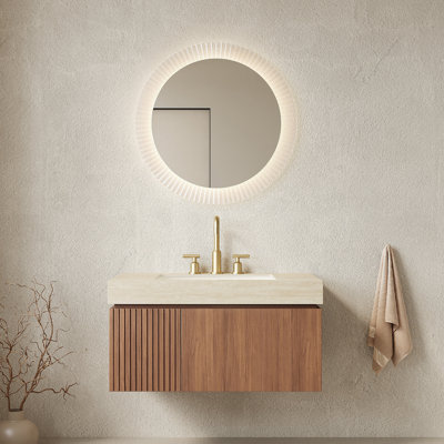 Meuble-lavabo et lavabo 36 po, armoire de rangement flottante en contreplaqué avec tiroir et porte, comptoir en pierre frittée Roma Travertine et lavabo en céramique avec 3 trous de robinet pré-percés, pré-assemblé, grain de bois de chêne brun