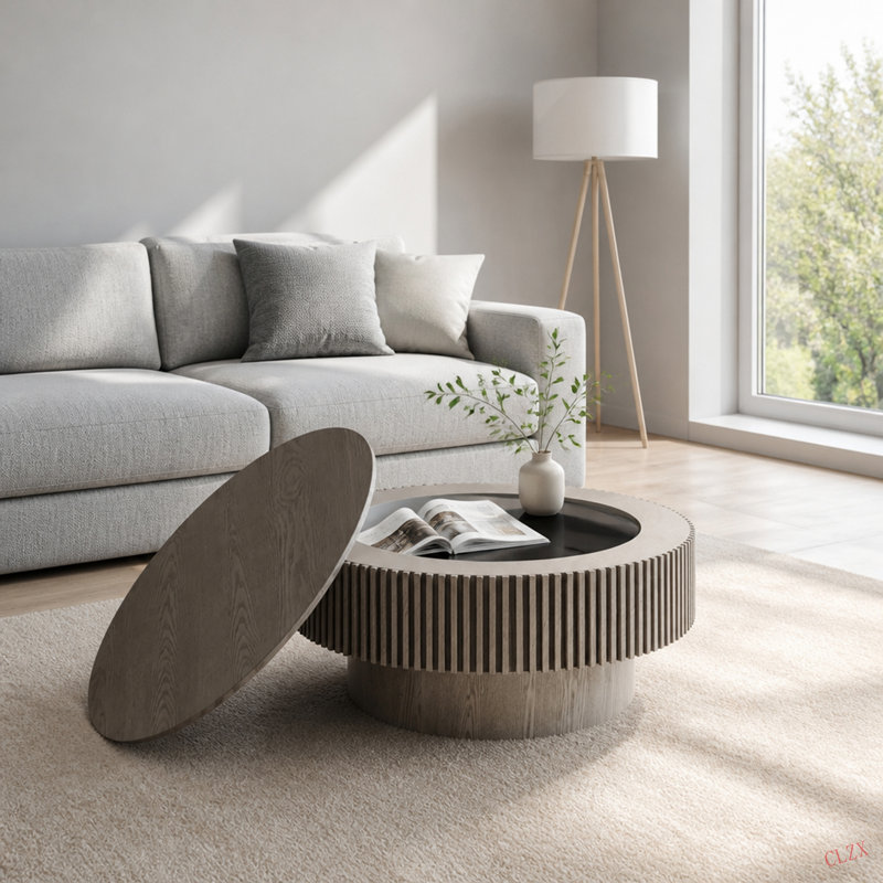 Table basse 31,5 po ronde avec rangement Table d'appoint moderne en placage de bois massif pour salon, chambre à coucher, appartement ou bureau