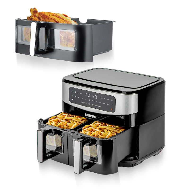 Geepas Dual Air Fryer | Dual Zone Family Sized Multi Cooker | 3 draws Included, Black
