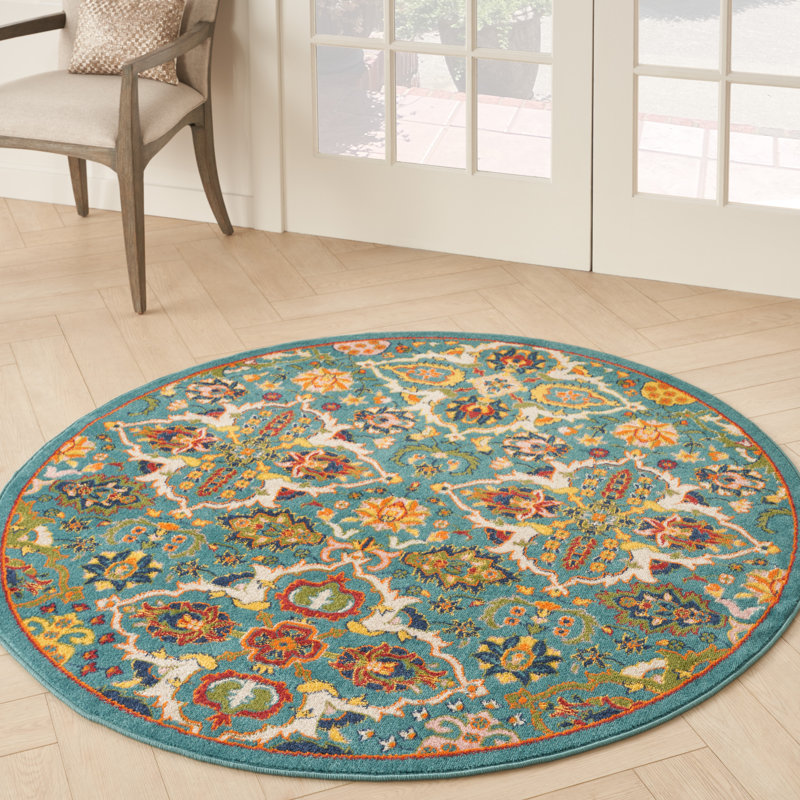 Tapis turquoise / ivoire / jaune Welaka, Rond 5 pi 3 po