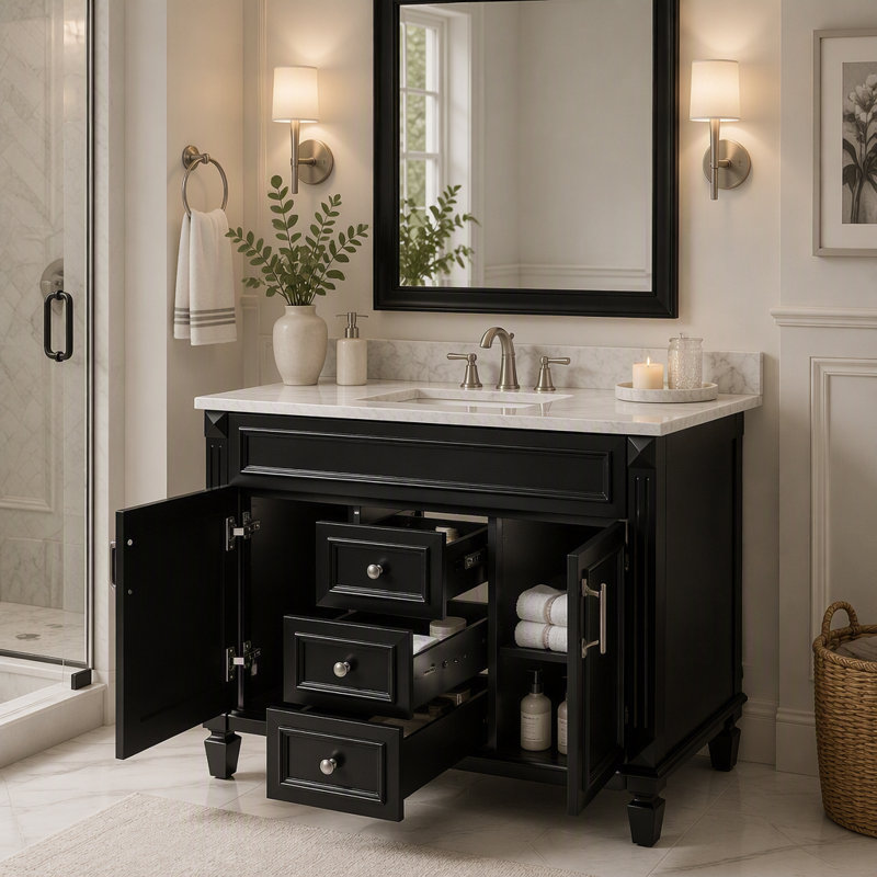 Meuble-lavabo de salle de bain de seulement 35 pouces, meuble de rangement autoportant avec portes et tiroirs pour salle de bain