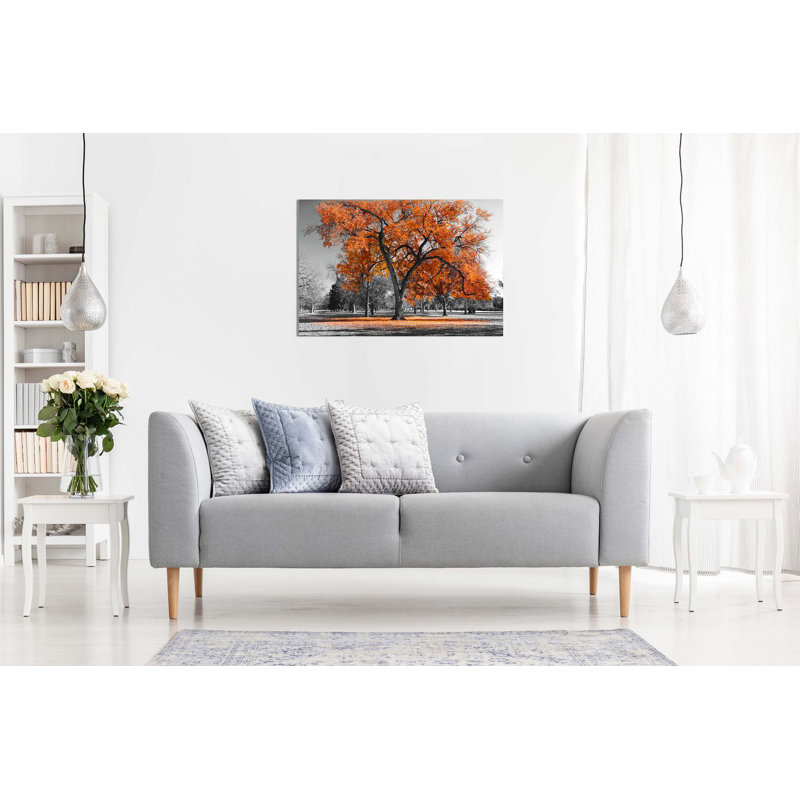 Large Tree Leaves Black White - Wrapped Canvas Print, 51cm H x 76cm W, Orange