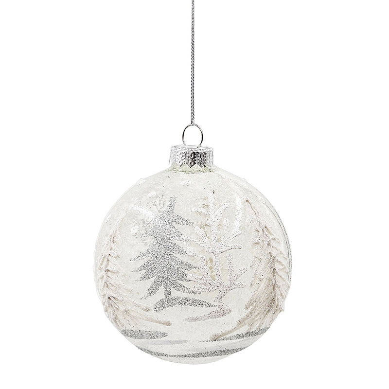Set of 6 White and Silver Glass Tree Pattern Ornaments