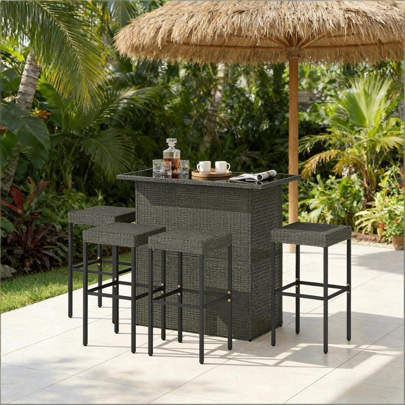 Ensemble de bar de patio durable avec rangement, métal et rotin, mobilier d'extérieur moderne