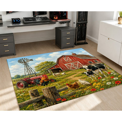 Tapis d'intérieur de style ferme, paysage rural avec tracteur et coq, motif coloré, décoration artistique, antidérapant, idéal pour salon, chambre, cuisine, entrée, appartement