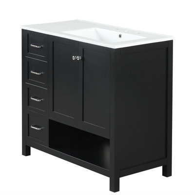 Meuble-lavabo simple autoportant de 36 po avec comptoir en céramique et tablette ouverte, armoire de rangement moderne en bois massif avec deux portes et deux tiroirs pour salle de bain de style campagnard