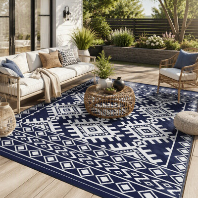 Tapis de patio extérieur Outsunny, grand tapis de camping réversible imperméable 9 pi x 12 pi avec sac de transport, bordure losange bleue