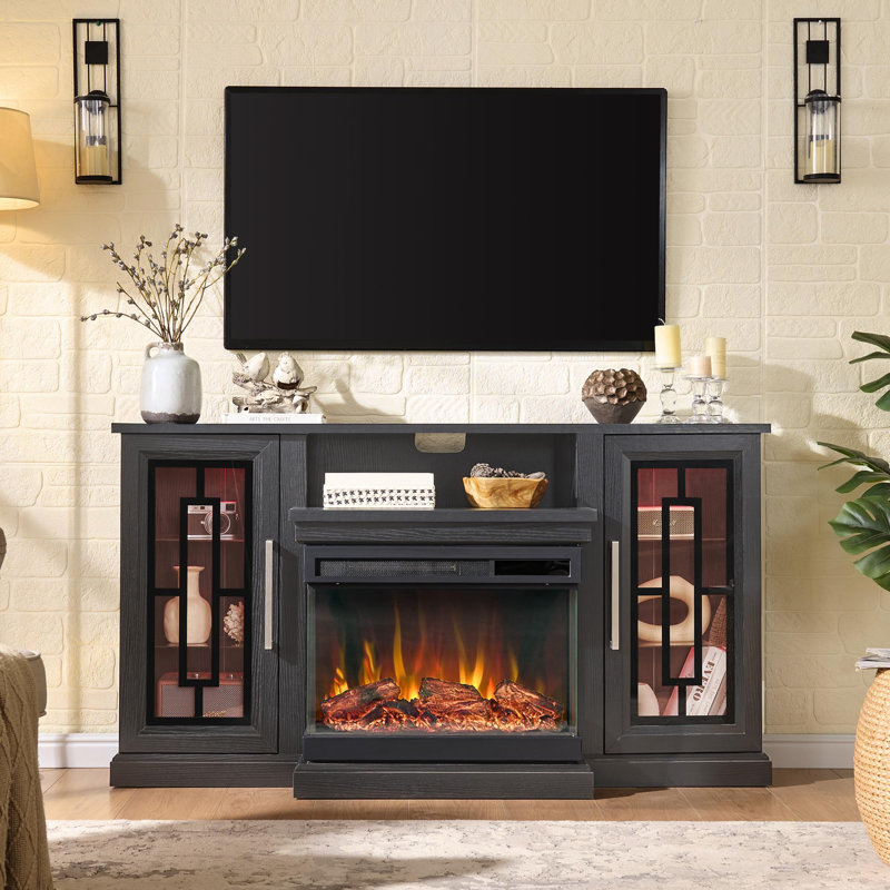 59 Inch Highboy LED TV Stand – 24’’ 3-Side Glass Fireplace, Modern Media Center For 65 Inch Tvs (Adjustable Flame/LED), Adjustable Flame/LED,Black