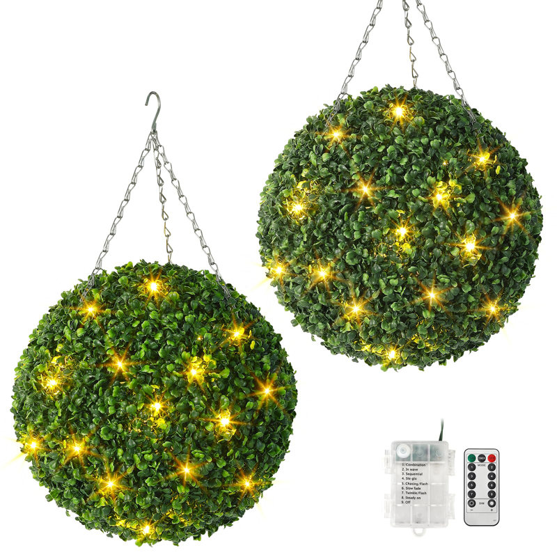 2 Pcs 16” Artificial Plant Topiary Ball, Pre-Lit Artificial Topiary Plant With 8 Mode, 30 LED Lights