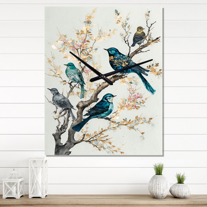Horloge murale oiseaux et fleurs de prunier, H 28 po x l 12 po x P 1 po