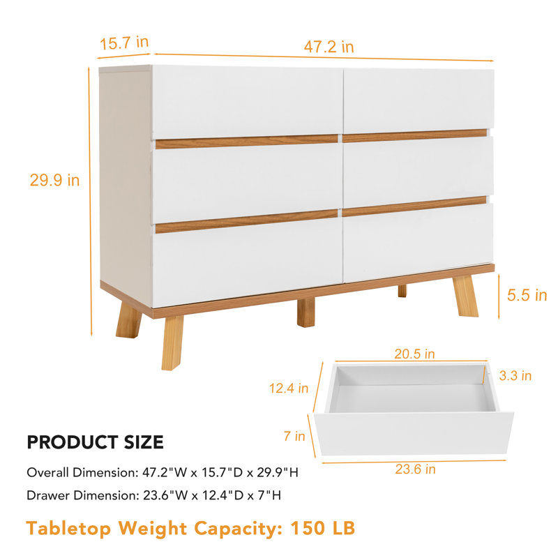 Commode blanche très brillante pour la chambre à coucher, commode 6 tiroirs avec large commode pour le salon