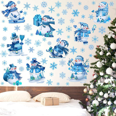 65 Pcs Winter Snowman Wall Decals Removable Wall Stickers For Window Winter Window Clings Blue Let It Snow Wall Decor For Winter Nursery Bedroom Decorations