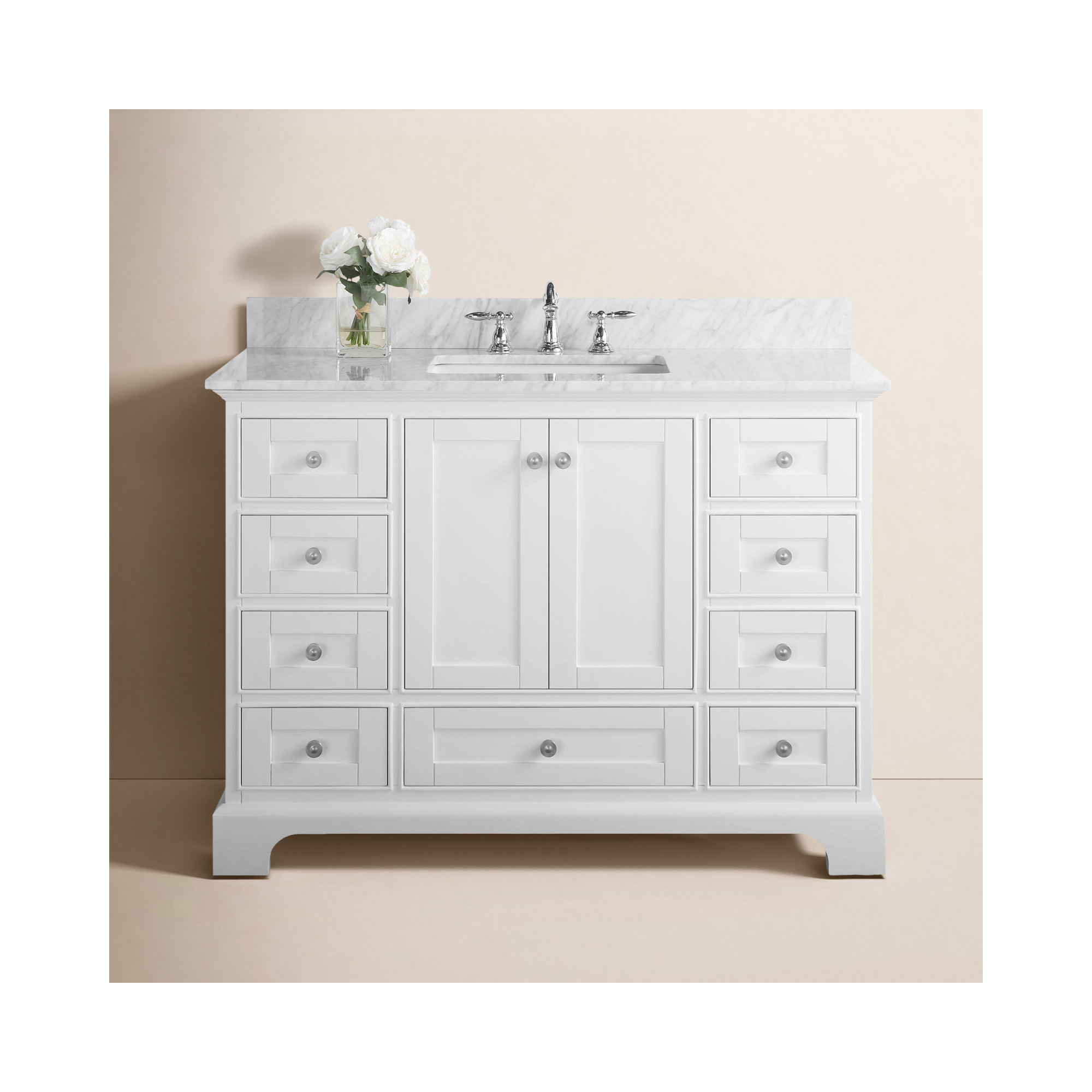 Varna 48'' Single Bathroom Vanity, White/Brushed Nickel, Carrara White Marble