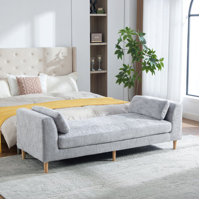 Banc de bout de lit rembourré de 83,1 po de largeur avec accoudoirs, canapé-lit en chenille avec 2 traversins, lit de jour avec pieds en bois d'hévéa pour salon, chambre à coucher, appartement, chambre d'amis, gris