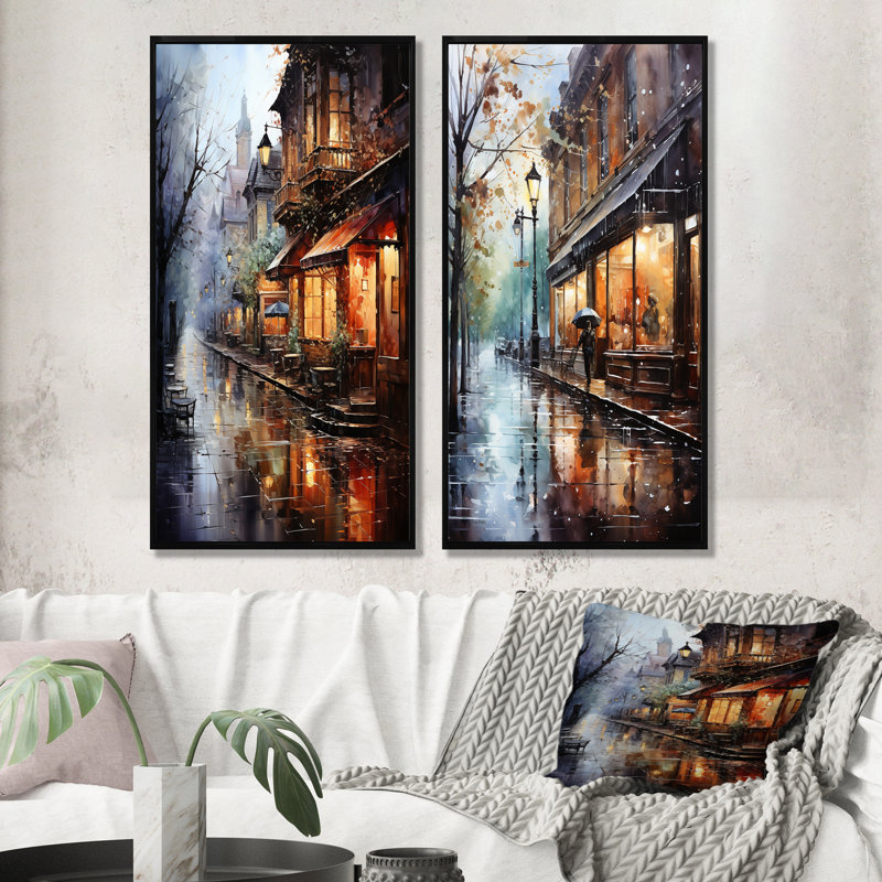 1950's Street In Paris Impression - Stores & Boutiques, ensemble de 2 toiles d'art mural, H 40 po x l 41 po, Cadre noir