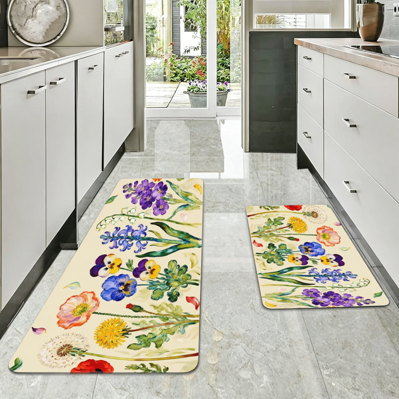 Vintage Wildflower Watercolor 2 Pack Kitchen Rugs, Kitchen Dining Room, Beige