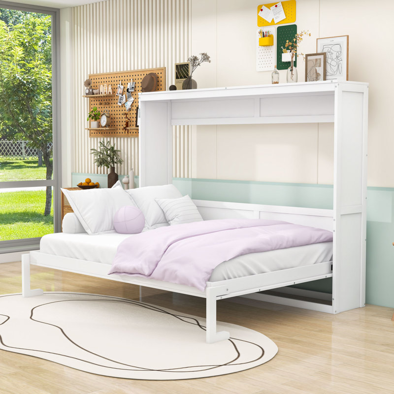 Armoire murale Murphy avec lattes et pieds, Grand lit, Blanc