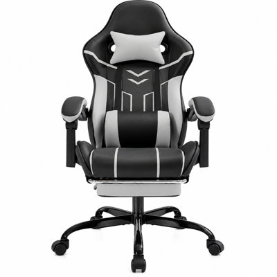 Fauteuil de jeu ergonomique avec repose-pieds, fauteuil d'ordinateur en cuir PU noir et gris avec coussin lombaire massant, dossier et appui-tête inclinables réglables, fauteuil de bureau pivotant