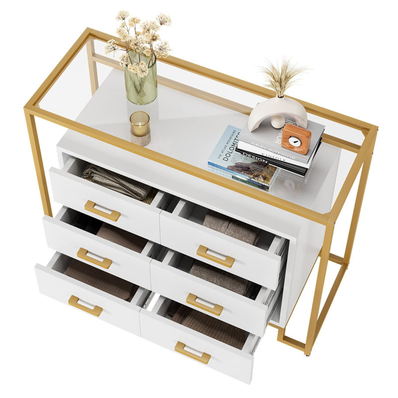 Commode 6 tiroirs Wiggo, Blanc / Doré
