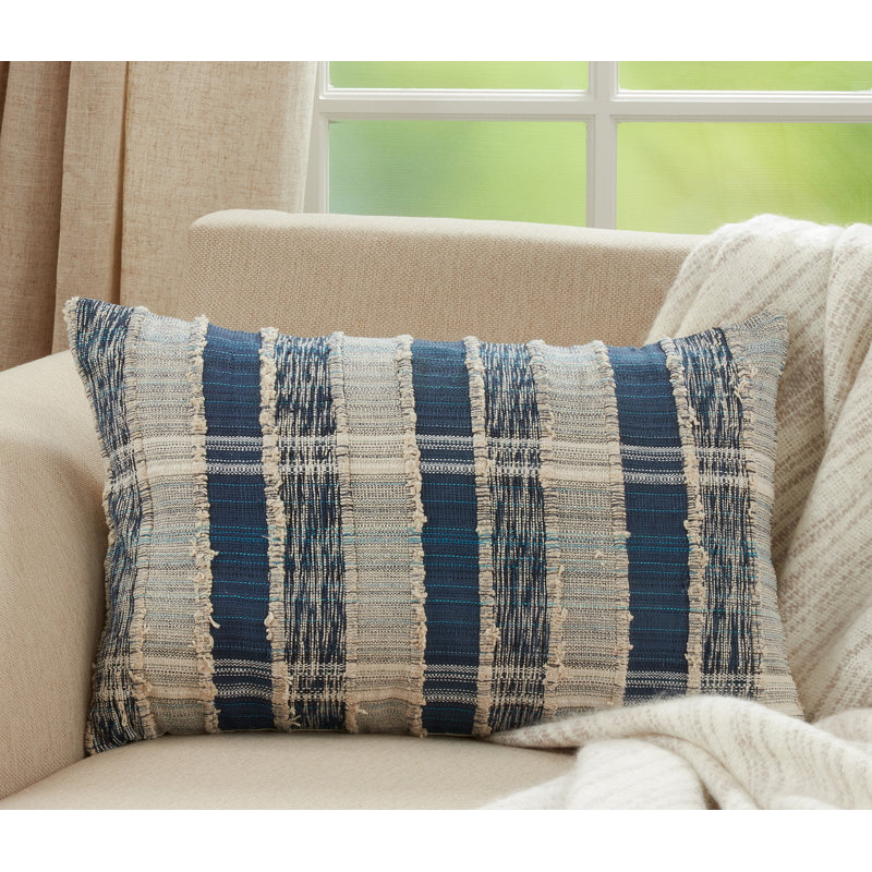 Blue and White Striped Woven Cotton Throw Pillow