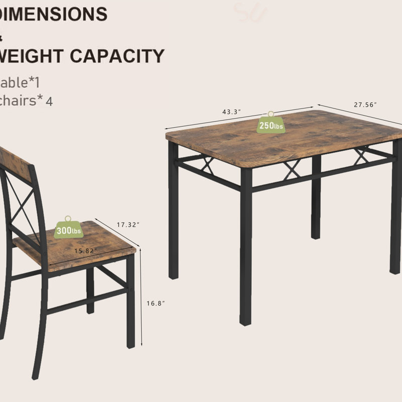 Dining Table Set With Chairs, Wood Kitchen Table, Rustic Brown,  5 Pieces: Table, 4 Chairs, 30.03" H x 43.32" L x 27.62" W
