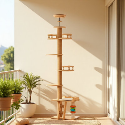 Arbre à chat à hauteur ajustable du plancher au plafond en panneau de fibres à densité moyenne, grande tour à chat avec poteau à griffer en sisal, perchoir à fenêtre, échelle et boules de jeu rotatives pour chats d'intérieur