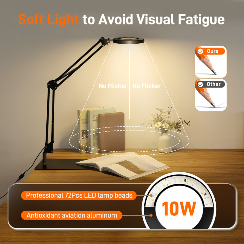 Desk Lamp with Flat Base & Clamp & 10X Magnifying Glass, Adjustable Height Table Light