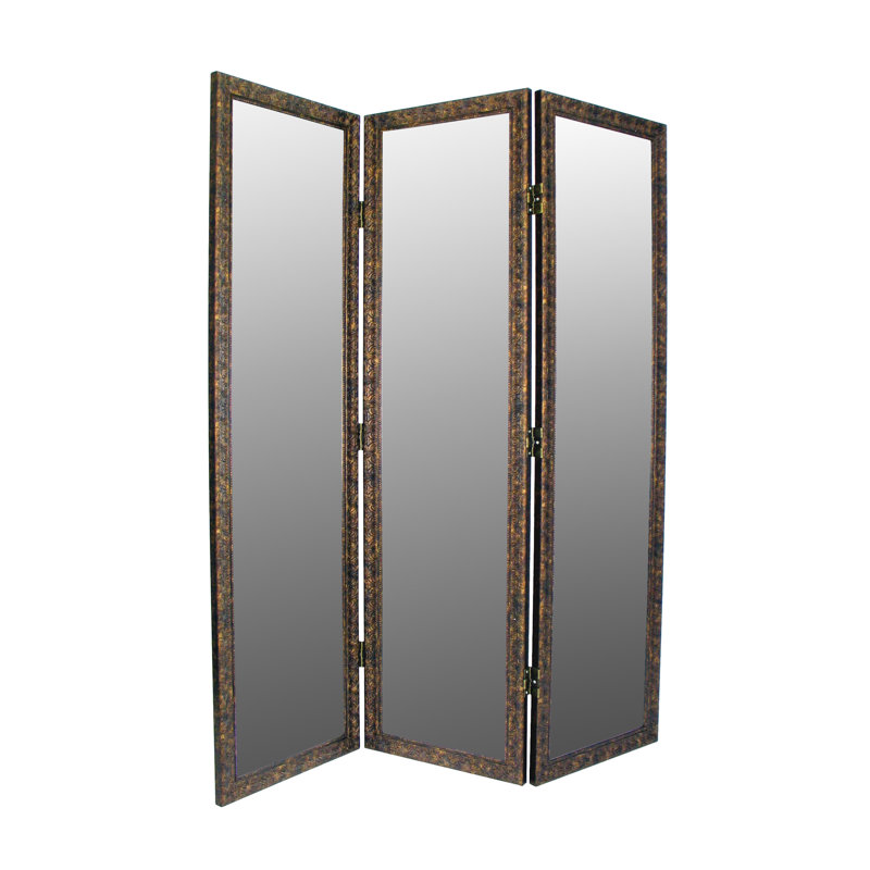 Hayse 60" W x 72" H 3 - Panel Folding Full-size Floor Dressing Mirror, Brown/Gold