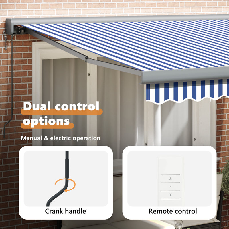 Ebern Designs Retractable Patio Awning, 300cm H x 250cm W, Blue;White/Grey Striped