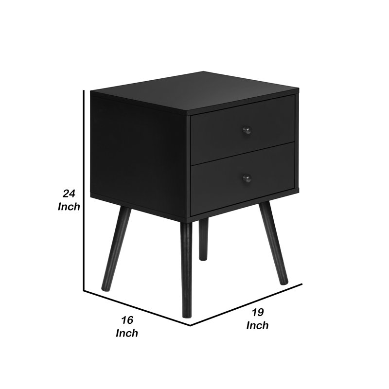 Table de bout avec table de chevet Lera, 2 tiroirs, pieds évasés, noir 19 po, Noir