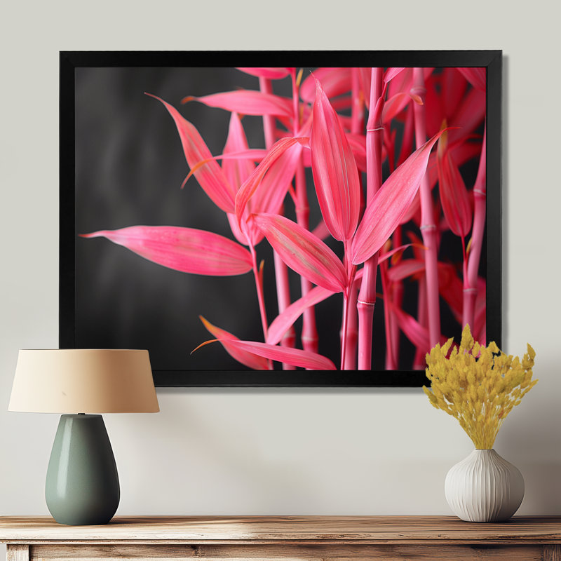 Rose rose, bambou jardin III - Art mural en bambou, Cadre flottant noir, H 12 po x l 20 po