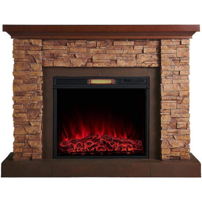 Feico Stackstone Electric Fireplace Mantel Package - Stacked Stone Design with Wood Shelf - 1,000 SQ FT