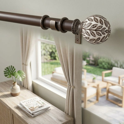 1" Adjustable Heavy Duty Wood Curtain Rod 36-124" with Leaf Finials & Rustic Wood Grain