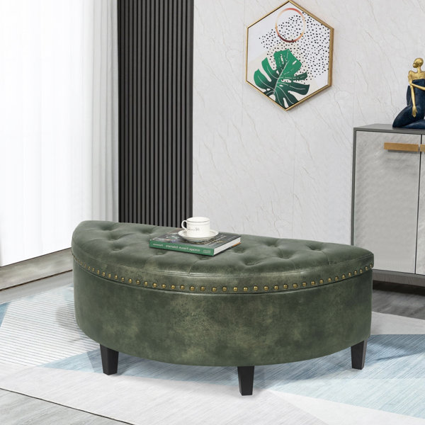 ECLYL Oval Storage Bench 43.5" Linen Fabric Upholstered Entryway Bench With Solid Wood Legs Ottoman Bench Indoor Bench For Living Room/Bedroom/End Of Bed/Entryway (Dark Green