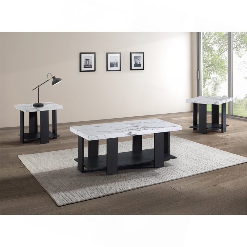 Ensemble 3 pièces gris avec plateau de table blanc et deux tables de bout assorties