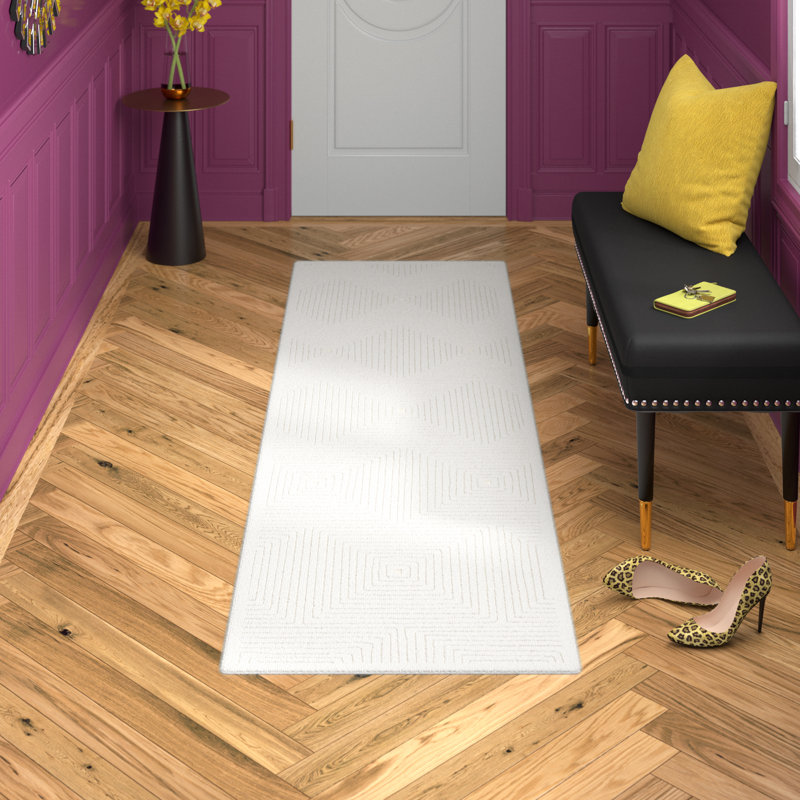 Tapis ivoire en laine et coton touffeté à la main à motif géométrique Hattie, Tapis de couloir 2 pi 3 po x 12 pi