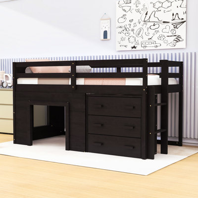 Lit mezzanine simple en bois avec tiroirs et tablette de rangement intégrés