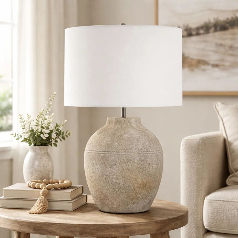 Lampe de table, céramique gris terre avec abat-jour en lin blanc cassé, 24 po