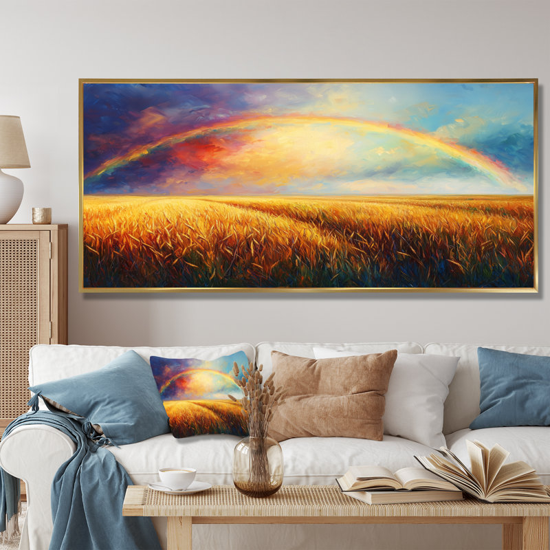 «Countryside Rainbow Over The Wheat Fields II», art mural arc-en-ciel pour le salon, H 28 po x l 60 po, Cadre flottant doré