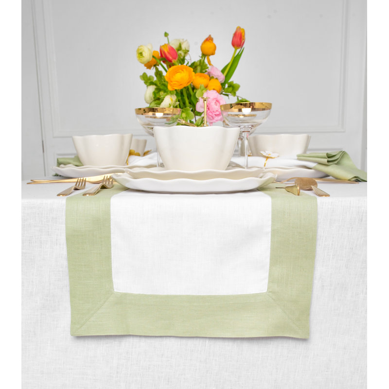 Contempo - 100% Pure Linen Table Runner, 36" x 14", Sage Green/White