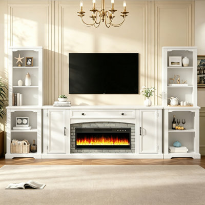 Ensemble de meuble télé 3 pièces avec foyer électrique pour téléviseur de 70 po ou moins, console multimédia avec bibliothèque, tiroir et tablettes réglables
