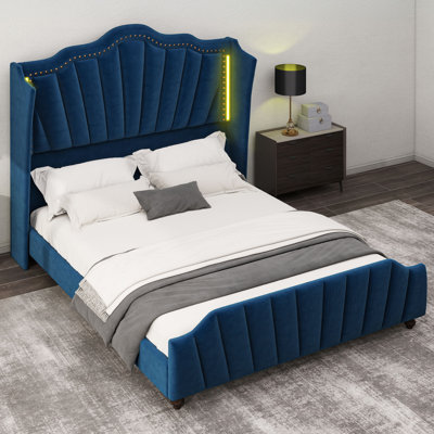 House of Hampton Velvet Upholstered Wingback Bed With LED Light